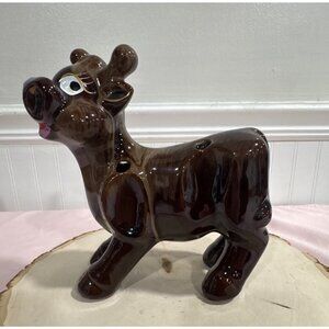 Ceramic Brown Reindeer Figurine With Glossy Finish - Vintage Holiday Decor